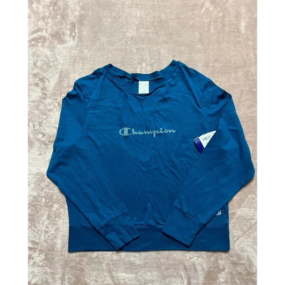Champion Men T-Shirt Logo Spellout Long Sleeve Tee Pullover Blue Size Small‎